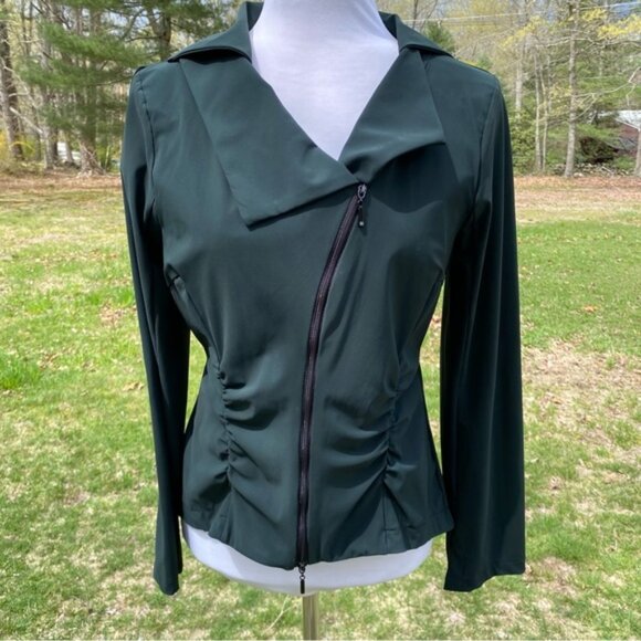 PORTO JACKET COAT BLAZER GREEN MODERNIST STRETCH OFF CENTER ZIP SIZE 1 S USA - Picture 1 of 9